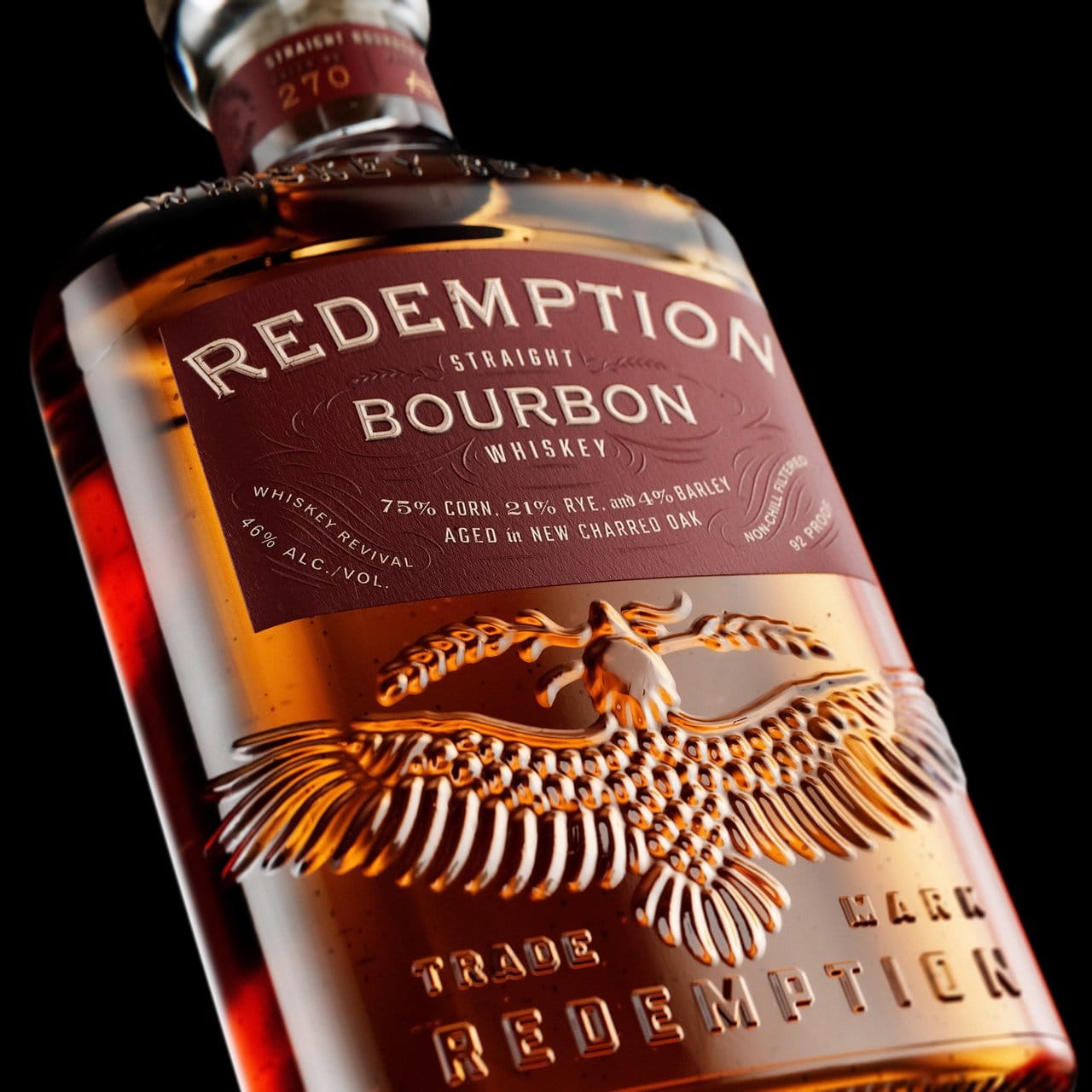 A closeup of Redemption Straight Bourbon’s new bottle design